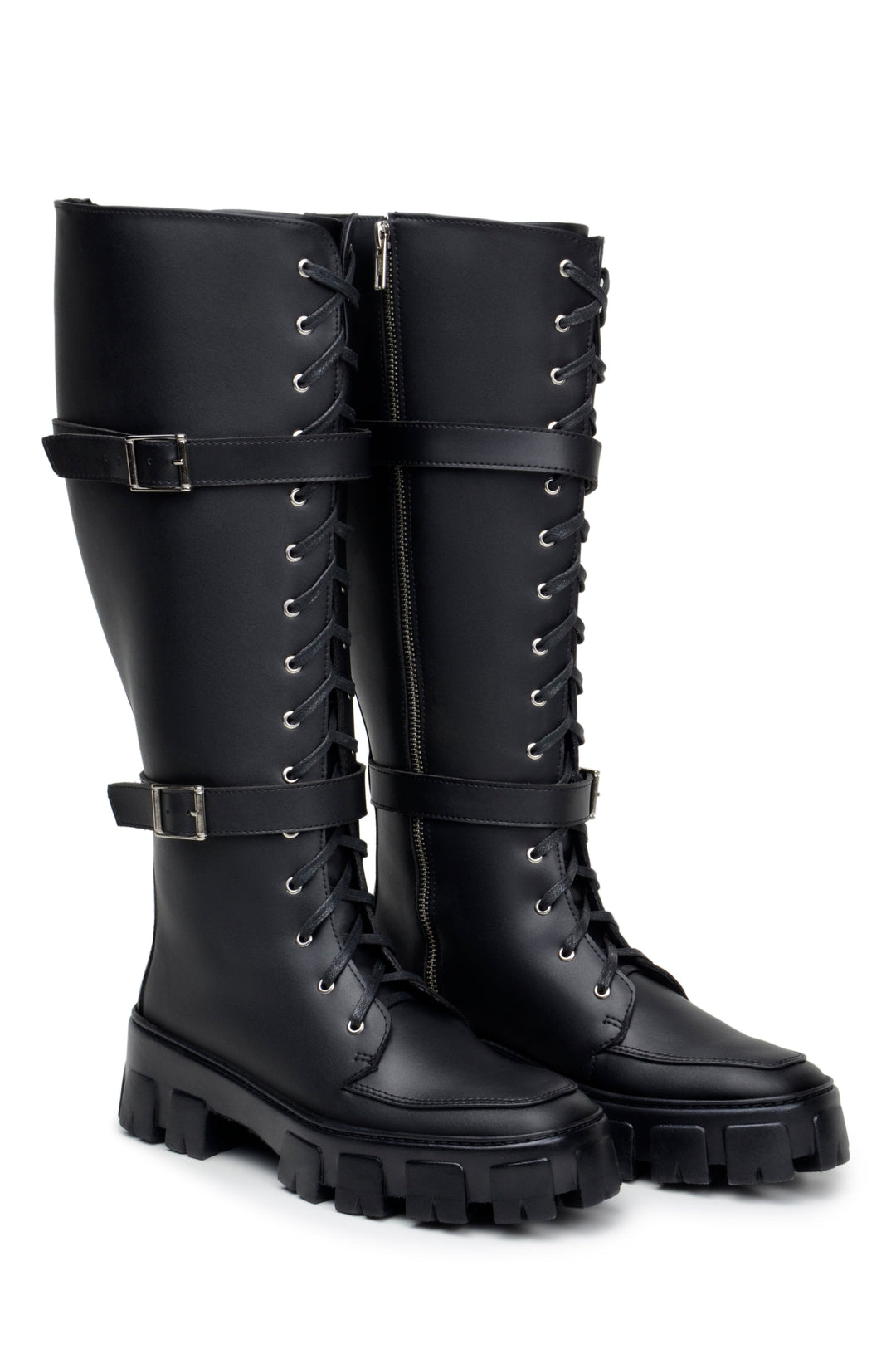 'Renata' women's chunky sole vegan lace-up knee-high boots Zette Shoes - black