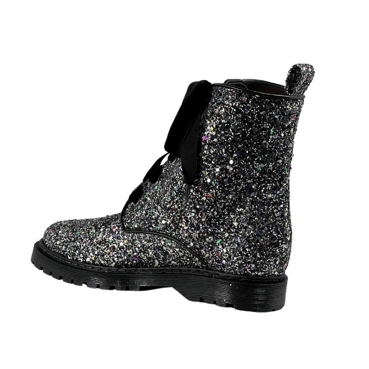 'Billie' vegan combat boots by Zette Shoes - silver glitter