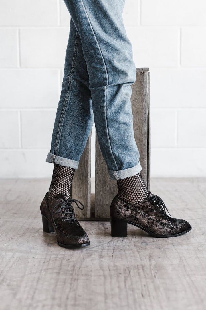 Winifred women's vegan heeled oxford shoes by Zette in chocolate velvet.