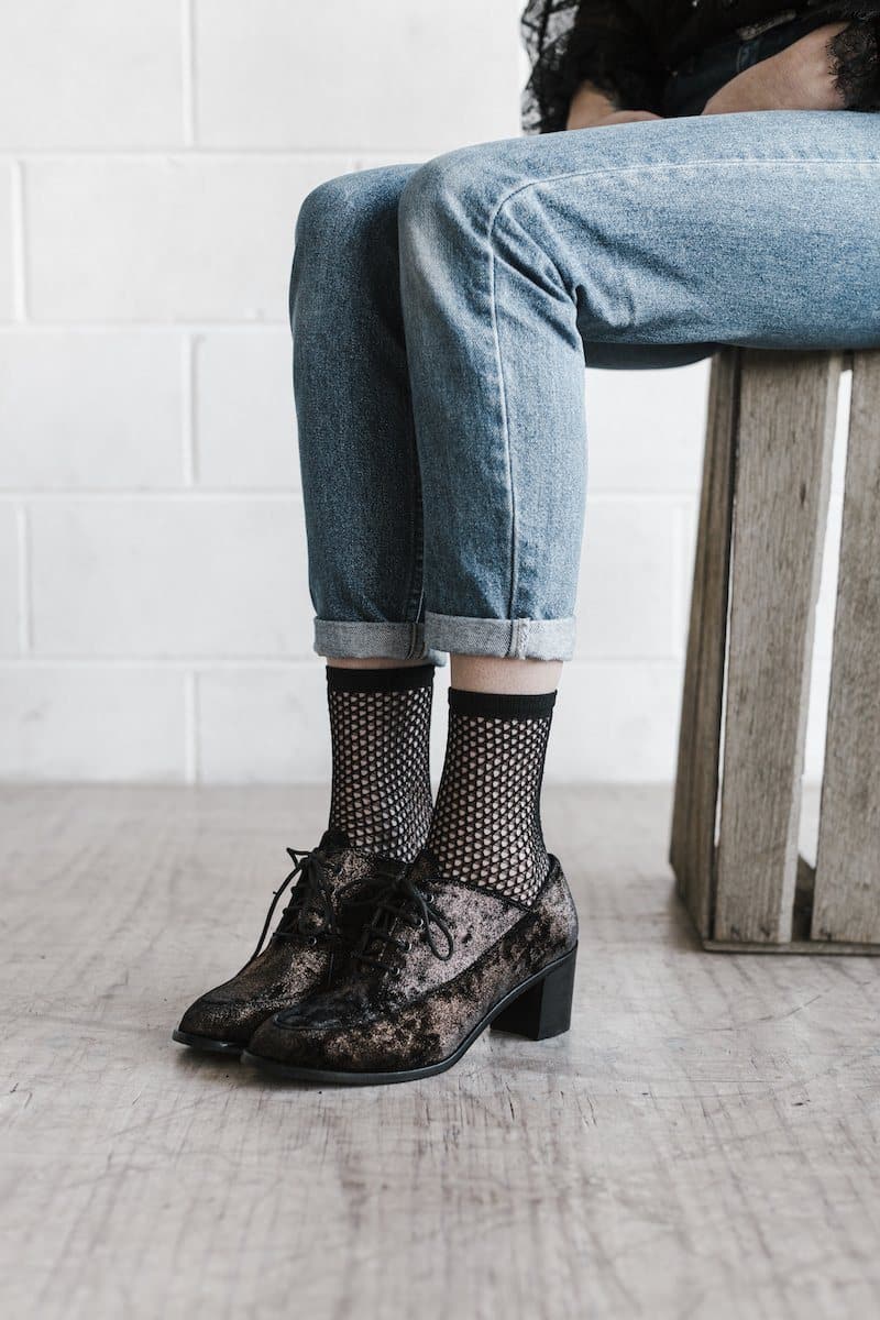 Winifred women's vegan heeled oxford shoes by Zette in chocolate velvet.