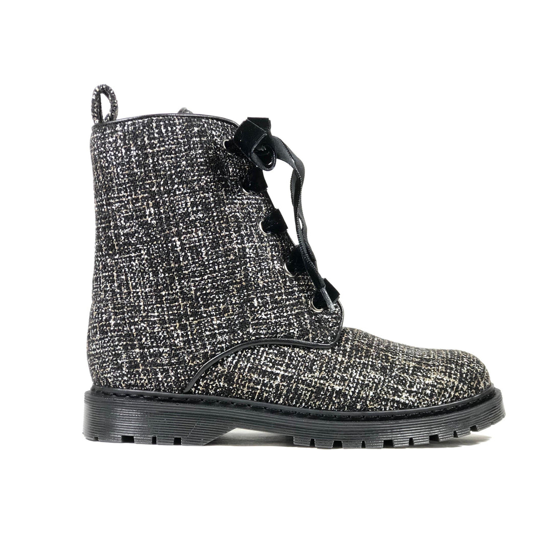 'Billie' Silver/Black textile vegan combat boots by Zette Shoes - Vegan Style