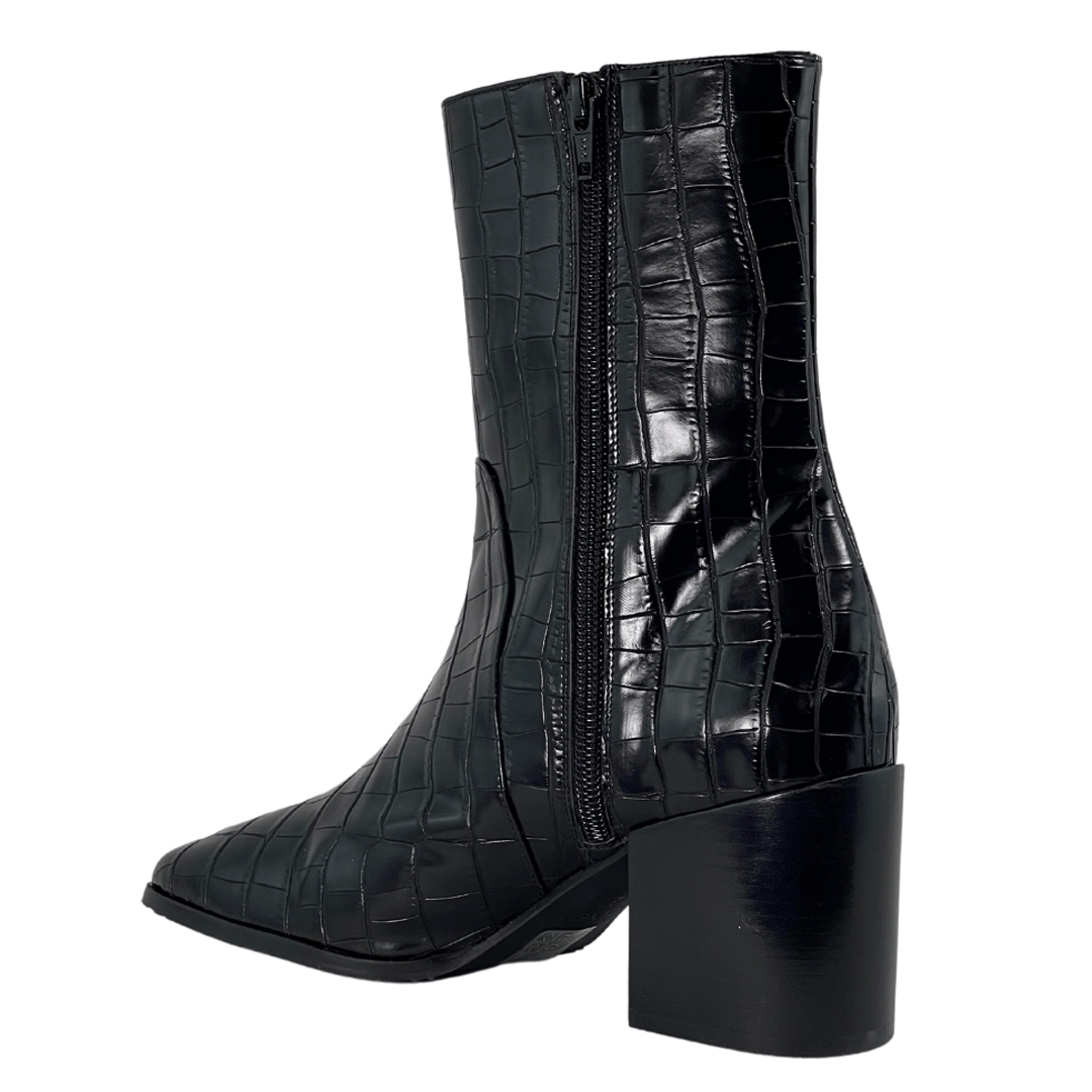 'Menos' vegan mid-calf boot by Zette Shoes - black faux-croc