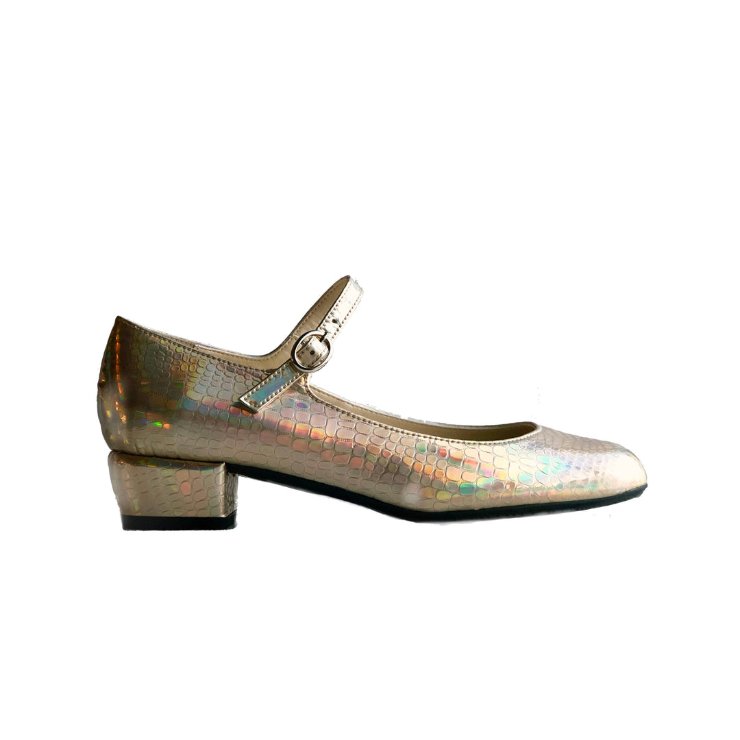 'Gracie' Mary-Jane vegan Low-Heels by Zette Shoes - holographic platinum - Vegan Style