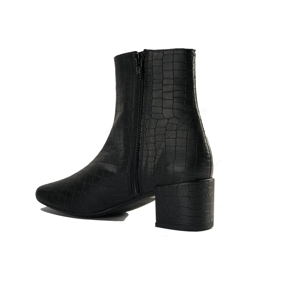 Jacqui black vegan crocodile leather ankle boots