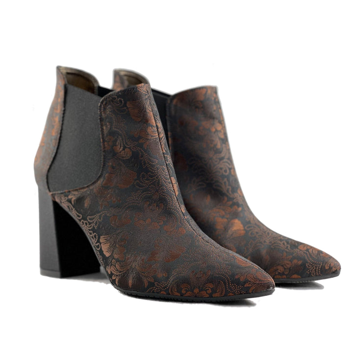 'Rachel' vegan Chelsea bootie by Zette Shoes - black/chocolate brocade