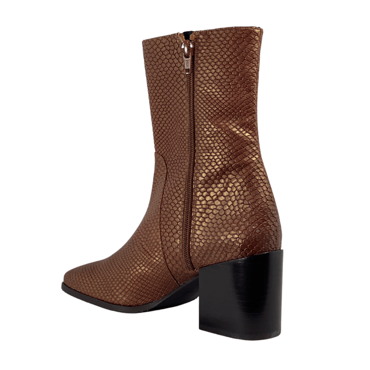 'Menos' faux-snakeskin vegan mid-calf boot by Zette Shoes - cognac