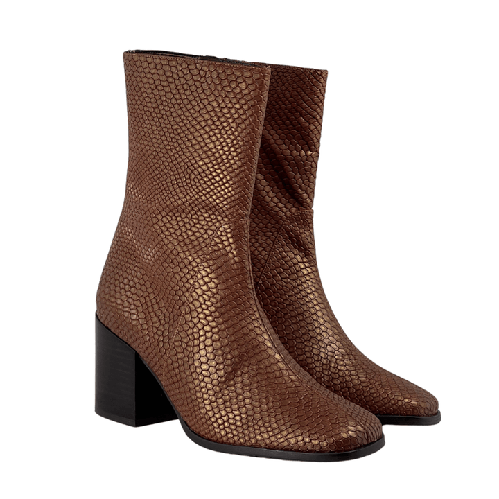 'Menos' faux-snakeskin vegan mid-calf boot by Zette Shoes - cognac