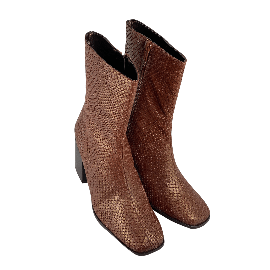 'Menos' faux-snakeskin vegan mid-calf boot by Zette Shoes - cognac