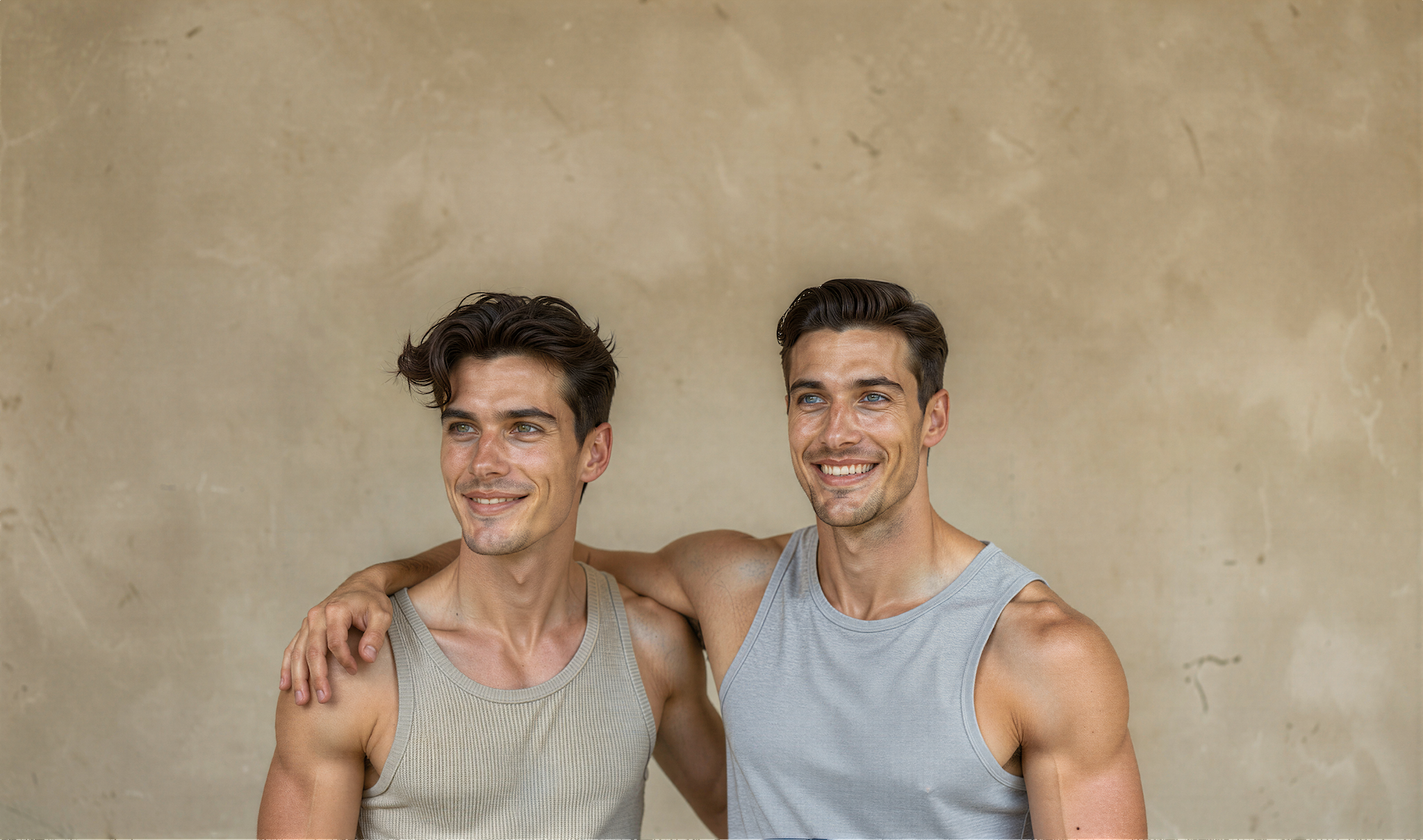male sitting on the ground wearing tank top and chinos