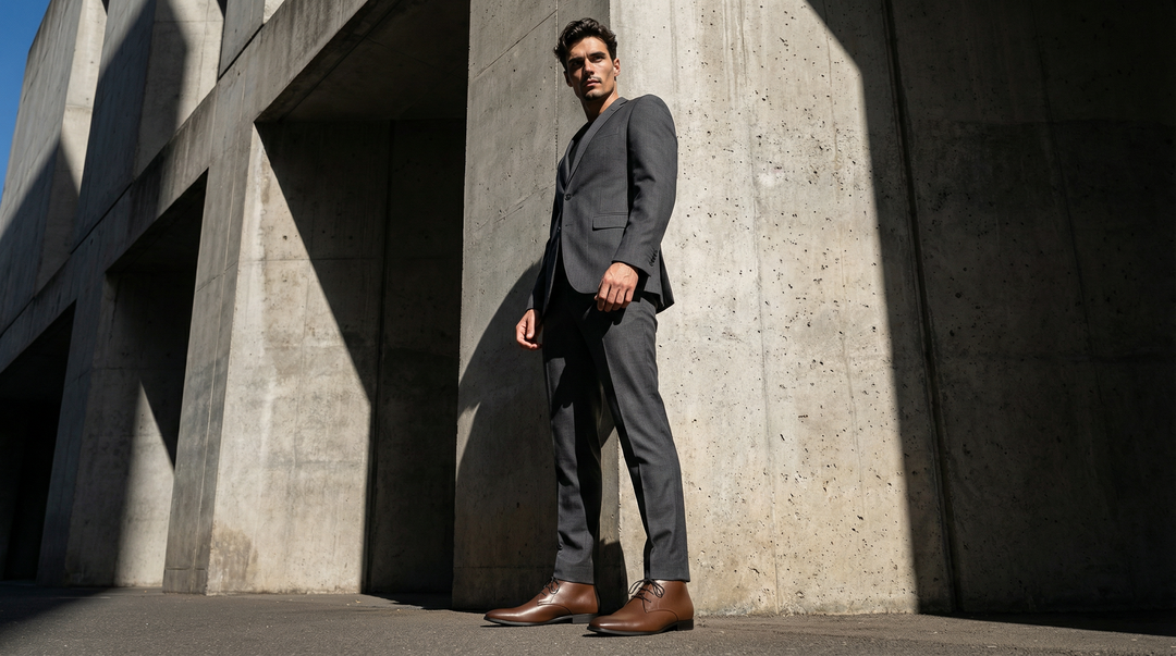 A man wears a pair of Benjie in cognac, vegan chukka boots by Zette Shoes