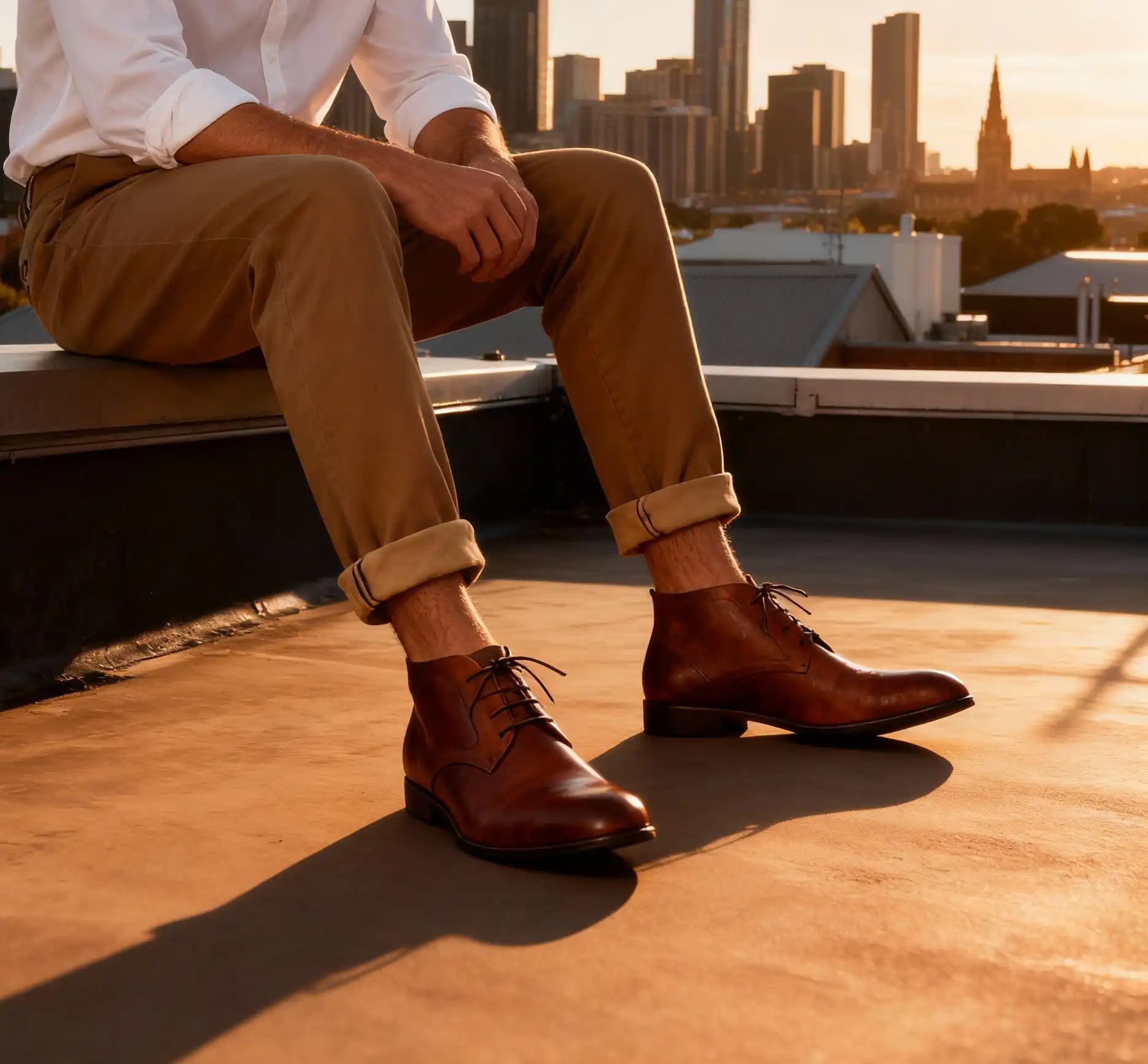 A man wears a pair of Benjie in cognac, vegan chukka boots by Zette Shoes