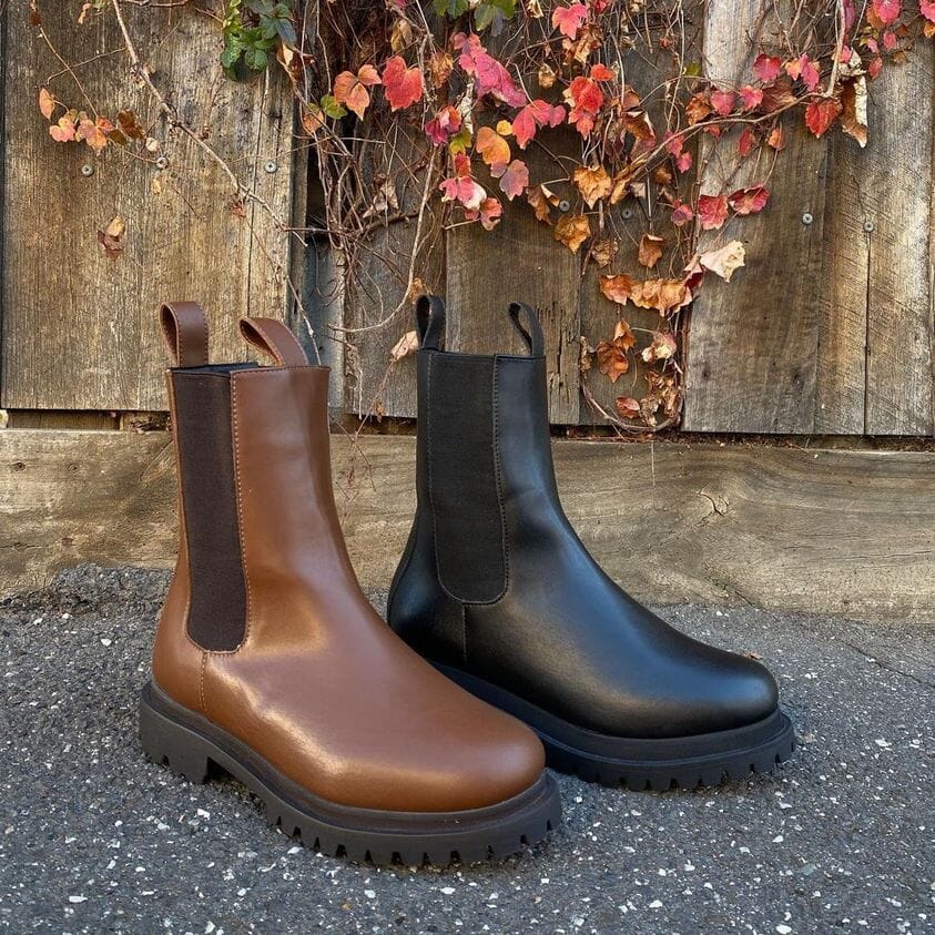 'Chloe' cognac vegan-leather chelsea boot with chunky sole by Zette Shoes