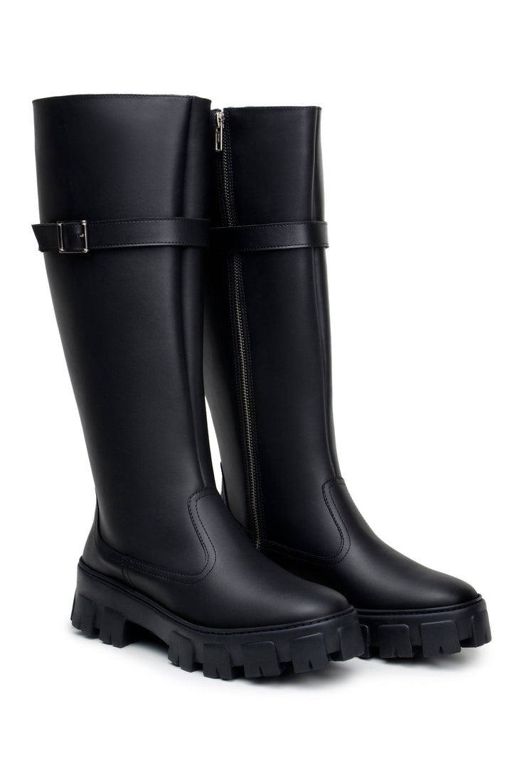 'Roberta' women's chunky sole vegan knee-high boots Zette Shoes - black