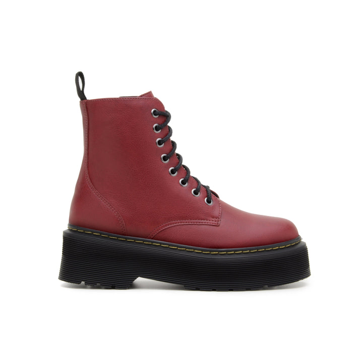 'Quinn' vegan-leather boot with stacked sole by Zette Shoes - cherry red