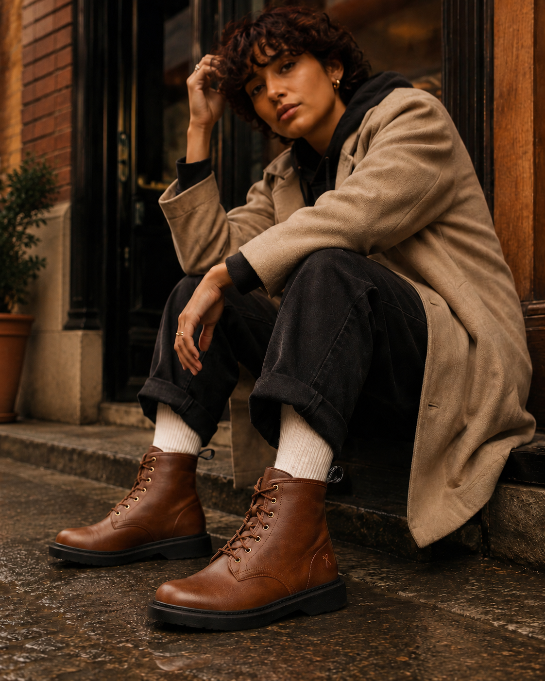 'London 2' Vegan Lace-Up Boot by King55 - Cognac