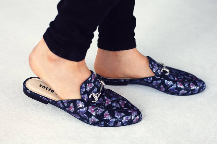 'Lucinda' vegan textile slides by Zette Shoes - deep navy - Vegan Style