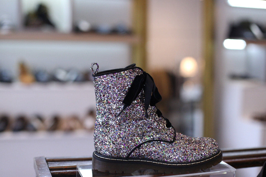 'Billie' Silver/Multicolour Glitter vegan combat boots by Zette Shoes - Vegan Style