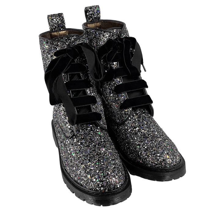 'Billie' vegan combat boots by Zette Shoes - silver glitter