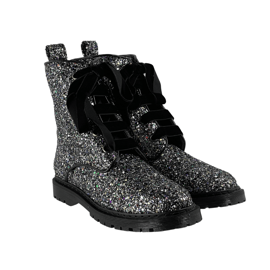 'Billie' vegan combat boots by Zette Shoes - silver glitter