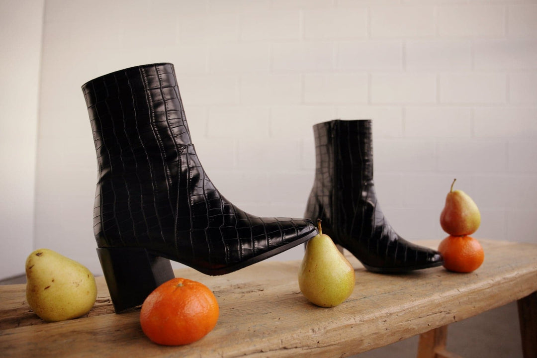 'Menos' vegan mid-calf boot by Zette Shoes - black faux-croc