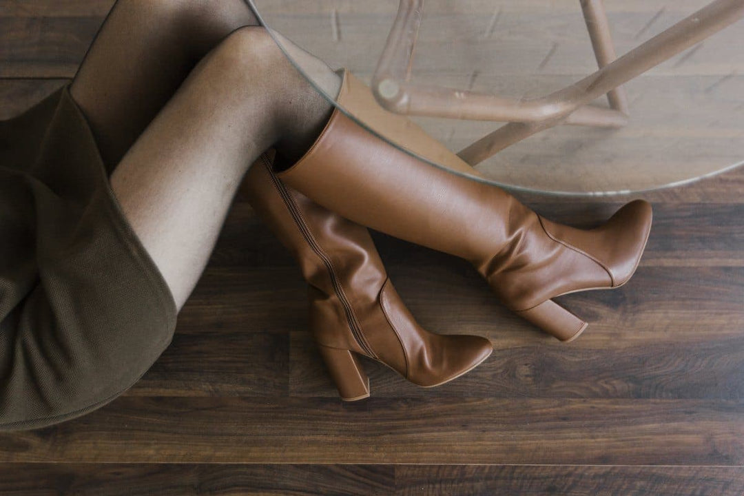 Claudia tan vegan leather knee high boots. Ethical and sustainable women's vegan boots.