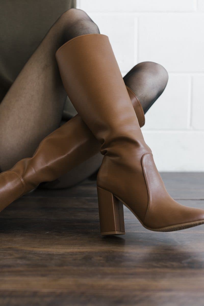 Claudia tan vegan leather knee high boots. Ethical and sustainable women's vegan boots.