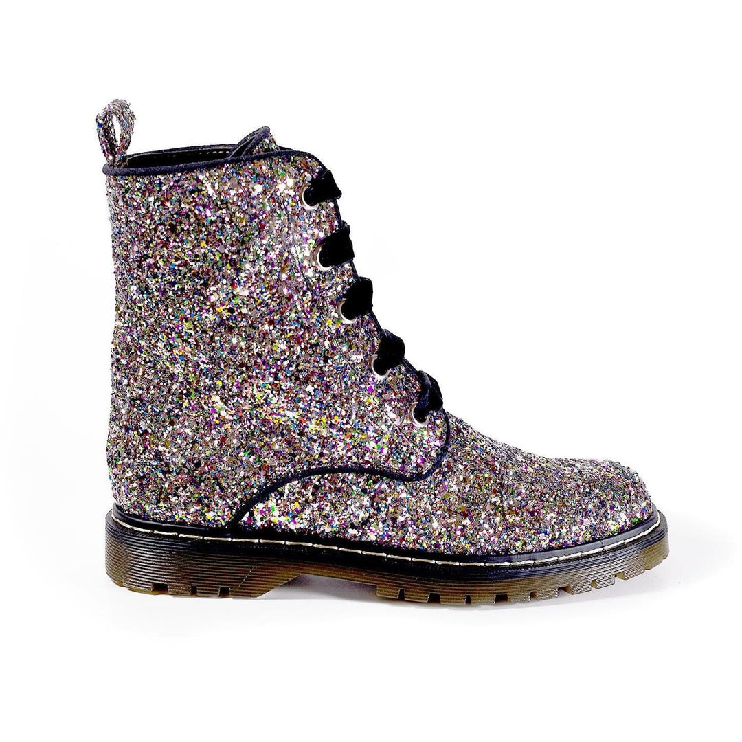 'Billie' Silver/Multicolour Glitter vegan combat boots by Zette Shoes - Vegan Style