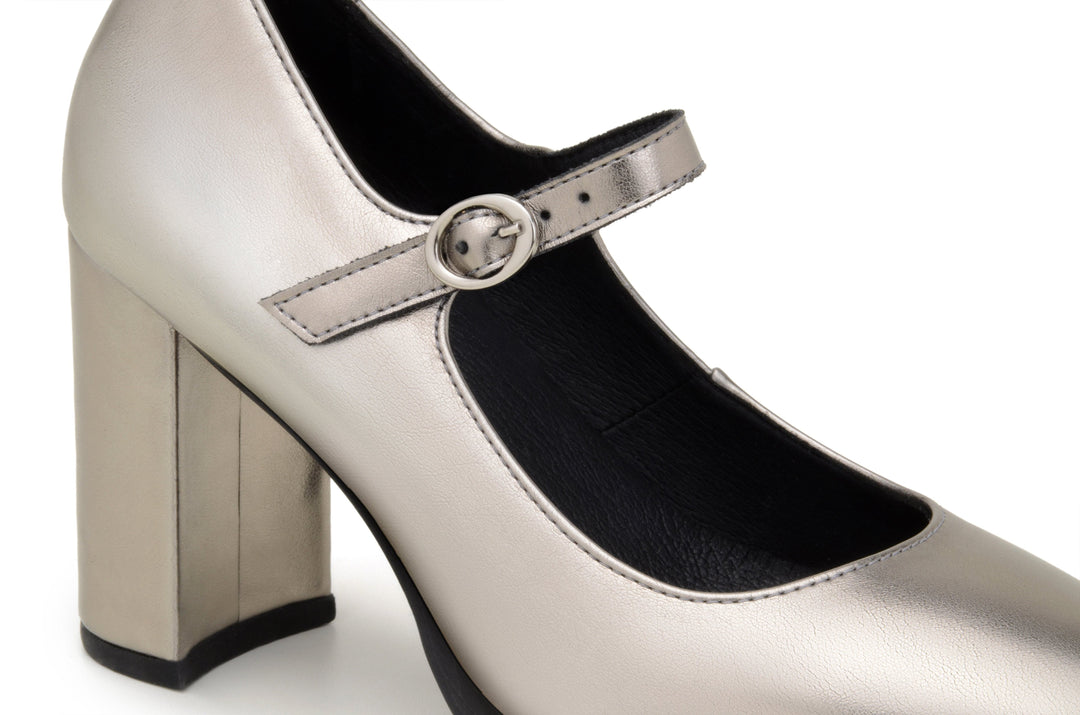 'Charlotte' vegan high-heeled Mary-Jane by Zette Shoes - metallic silver