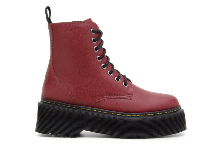 'Quinn' vegan-leather boot with stacked sole by Zette Shoes - cherry red