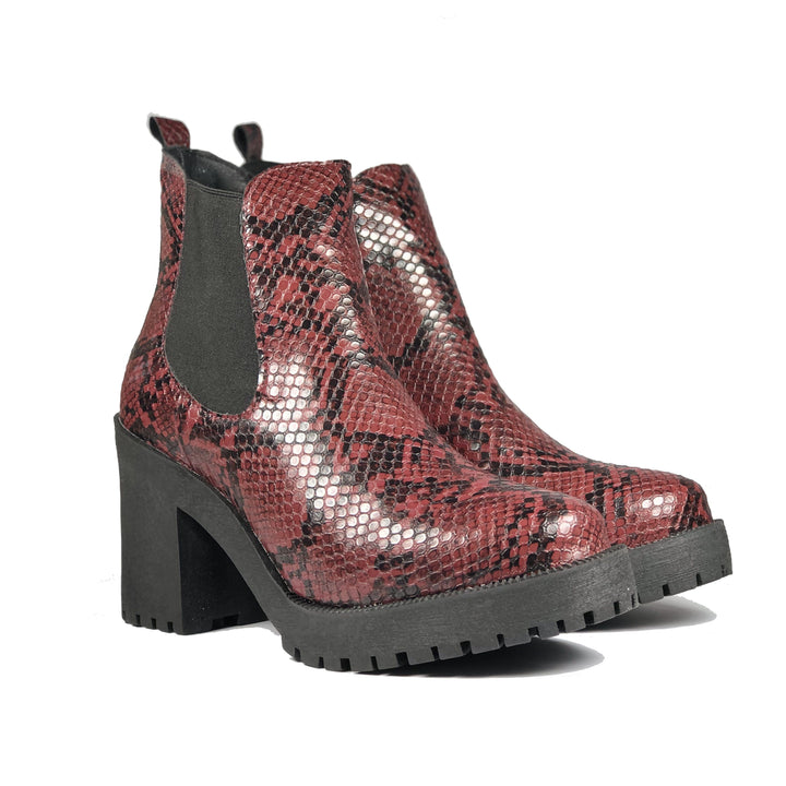 Evie vegan snakeskin boots - burgundy faux suede