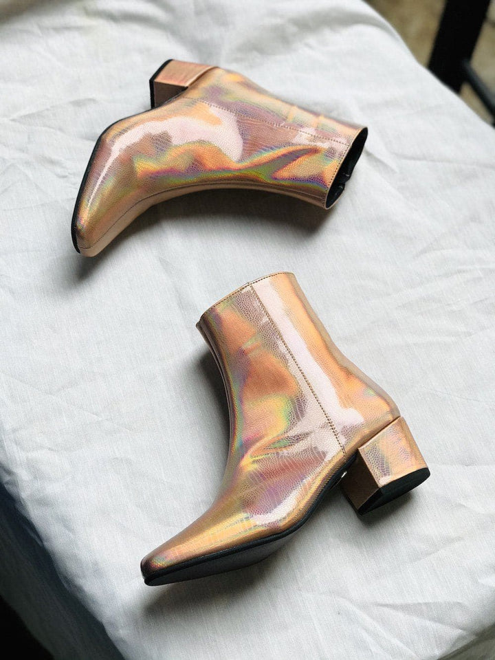 'Jacqui' vegan-leather ankle boot by Zette Shoes - holographic rose gold