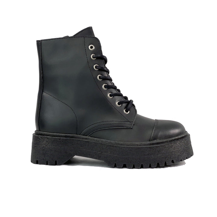 'Leela' vegan-leather boot with stacked sole for women by Zette Shoes - black