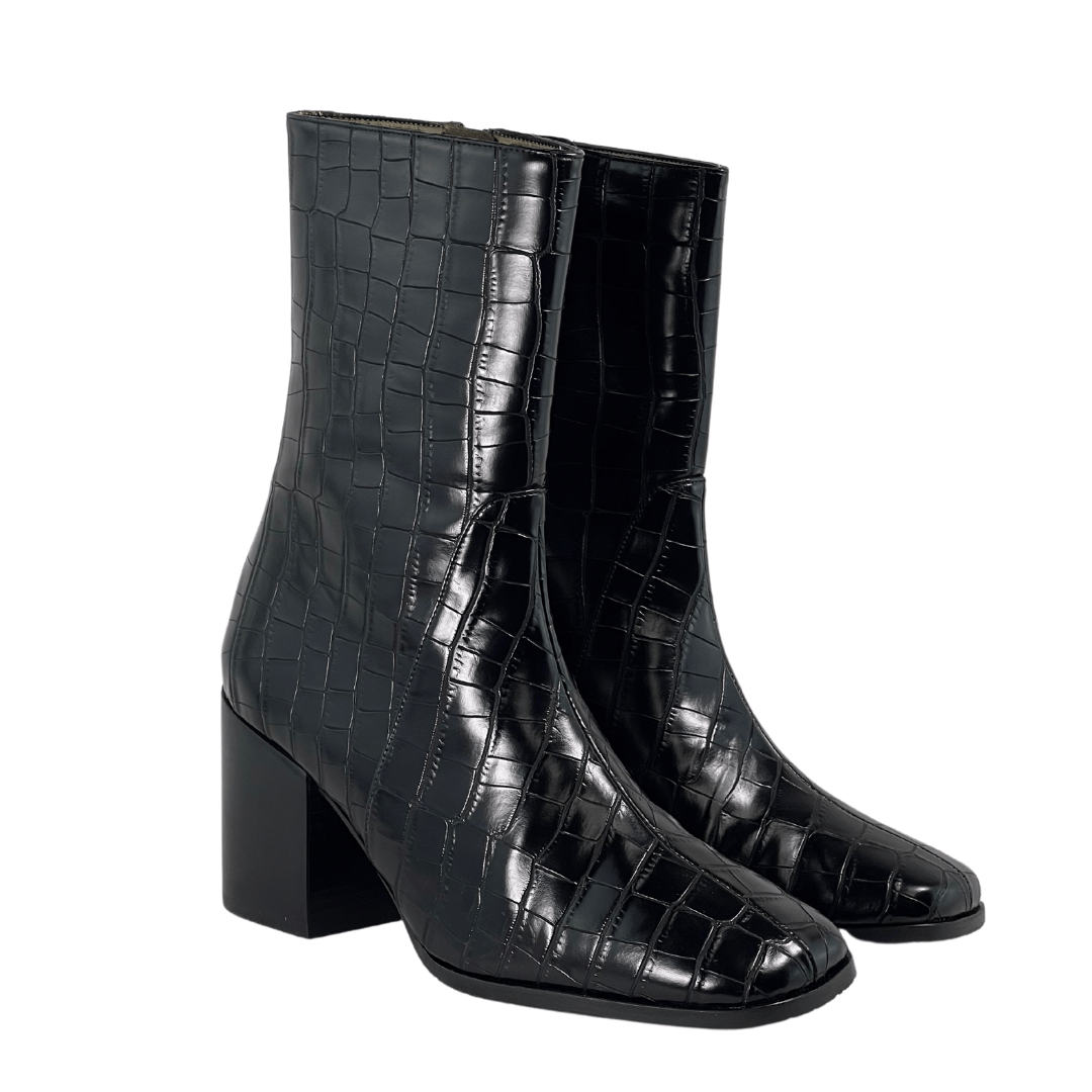 'Menos' vegan mid-calf boot by Zette Shoes - black faux-croc