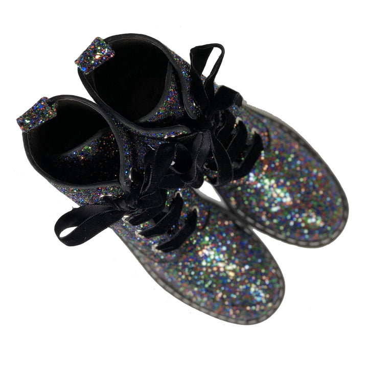 'Billie' Black/Multicolour Glitter vegan combat boots by Zette Shoes - Vegan Style