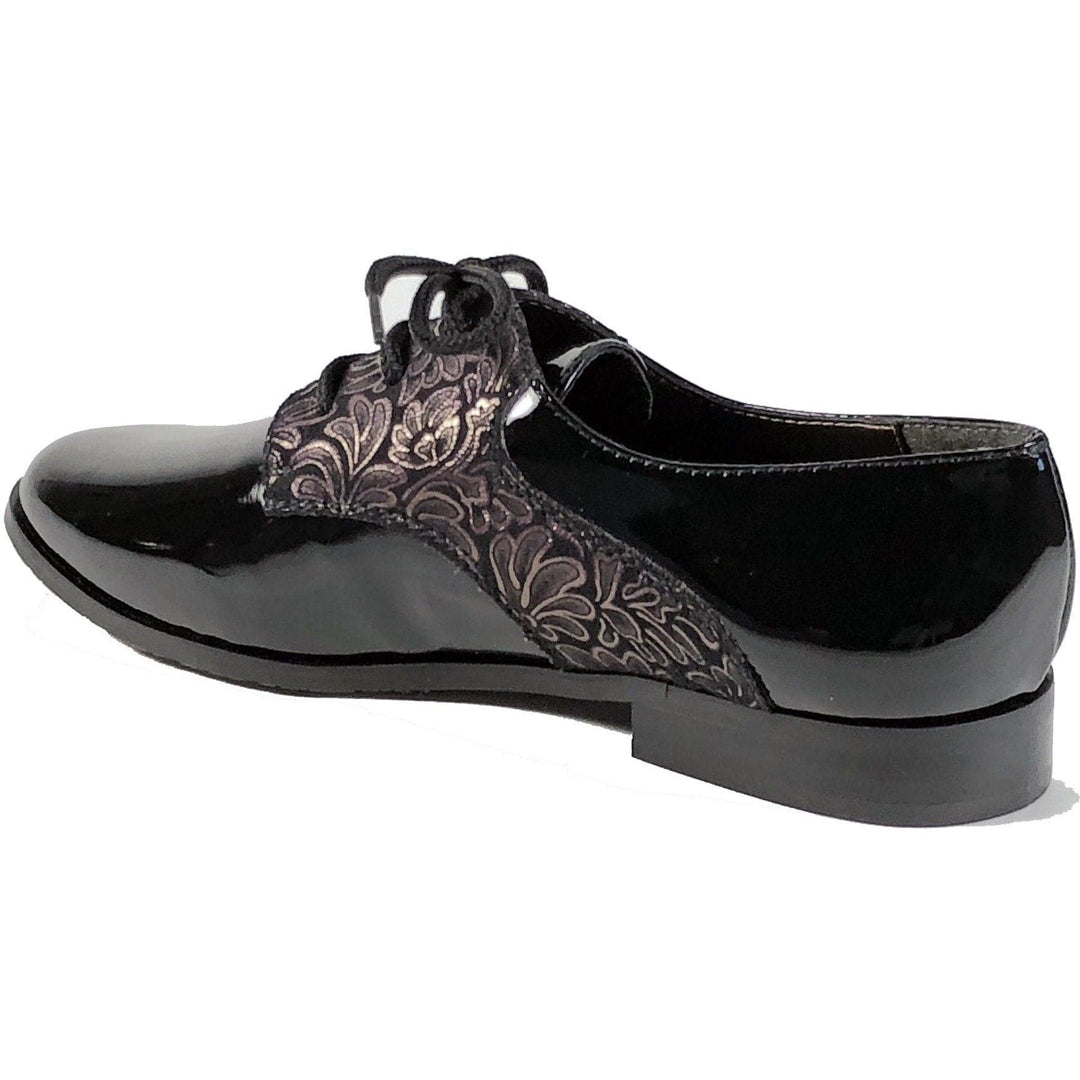 'Renee'  Black vegan-patent leather/textile oxfords by Zette Shoes - Vegan Style