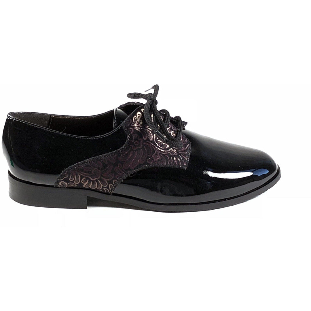 'Renee'  Black vegan-patent leather/textile oxfords by Zette Shoes - Vegan Style