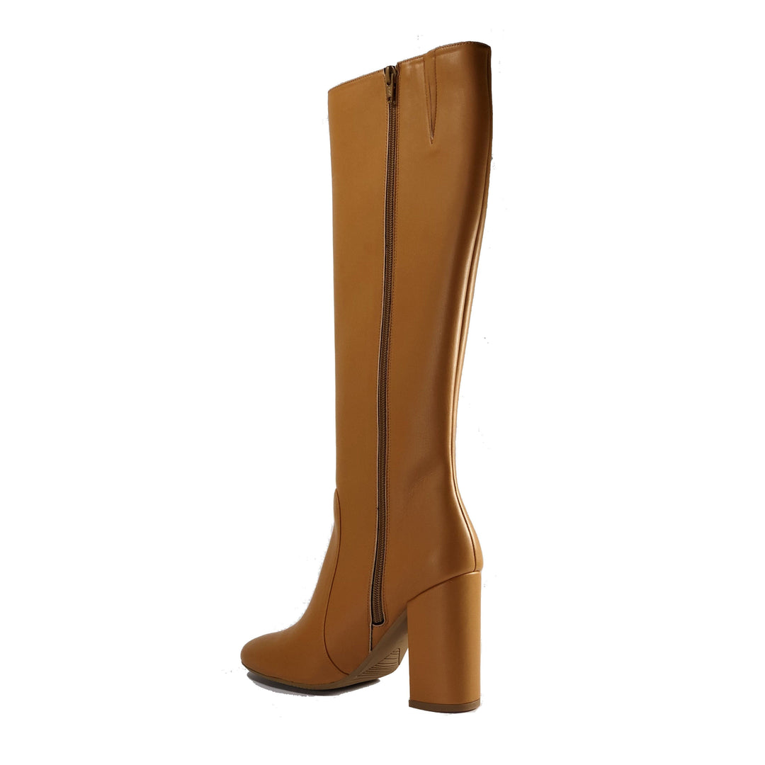 Vegan leather heeled knee high boots - Claudia camel