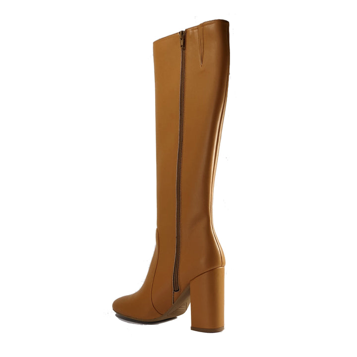 Vegan leather heeled knee high boots - Claudia camel