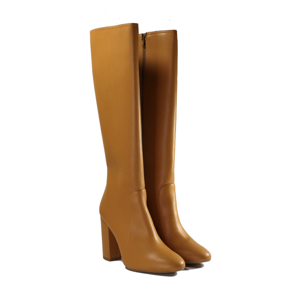 Vegan leather heeled knee high boots - Claudia camel