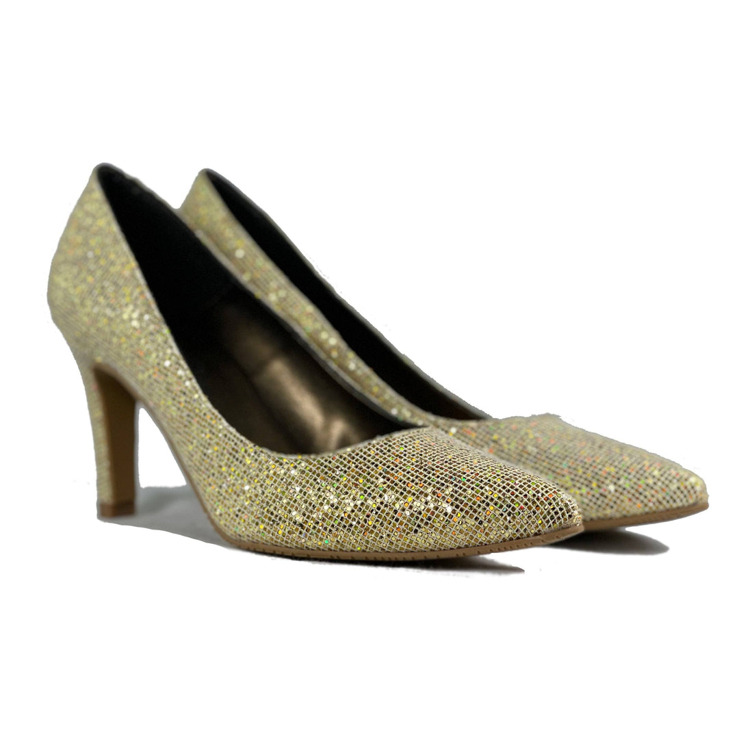 'Medina' gold glitter vegan mid-stiletto by Zette Shoes