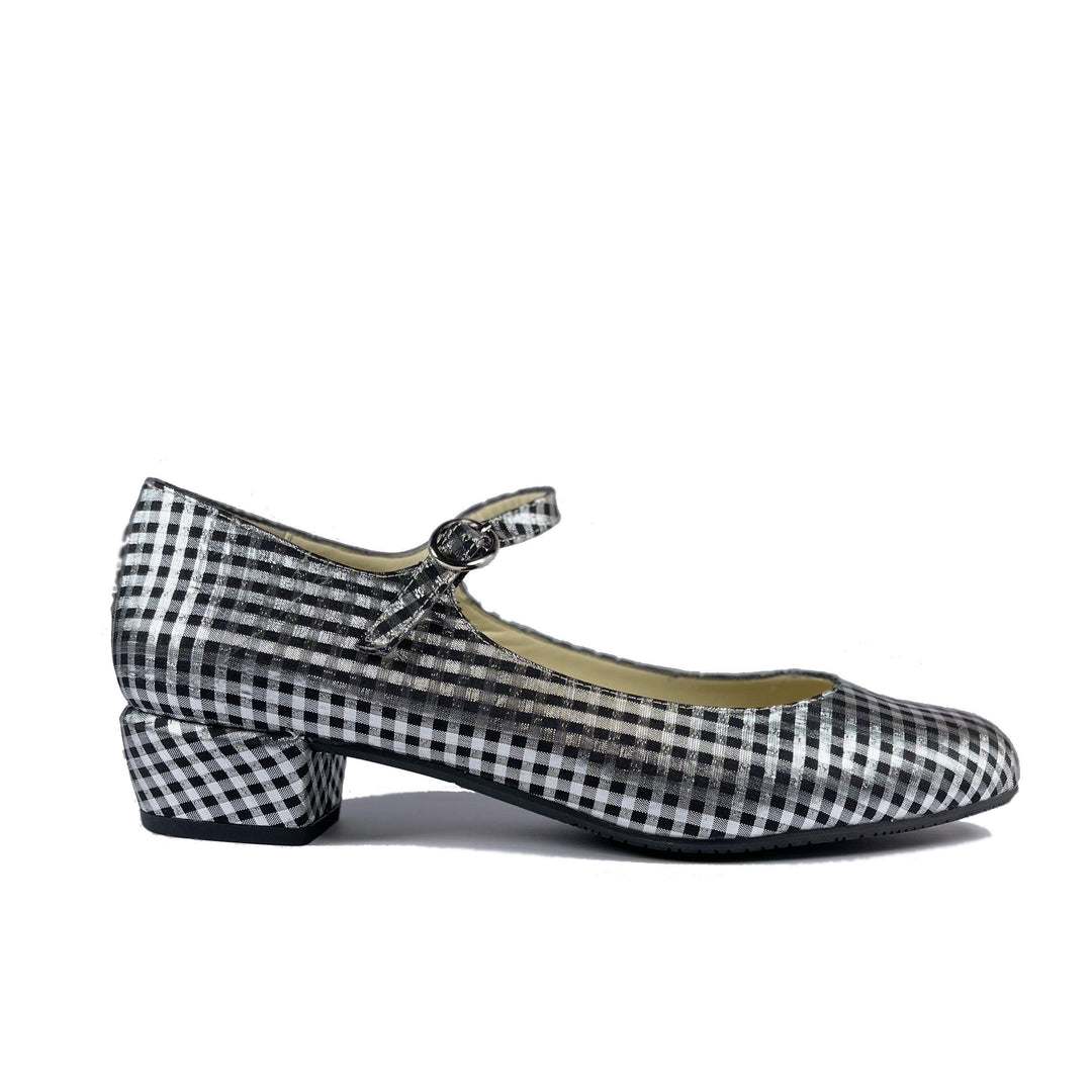 'Gracie' Mary-Jane vegan Low-Heels by Zette Shoes - Silver/black gingham