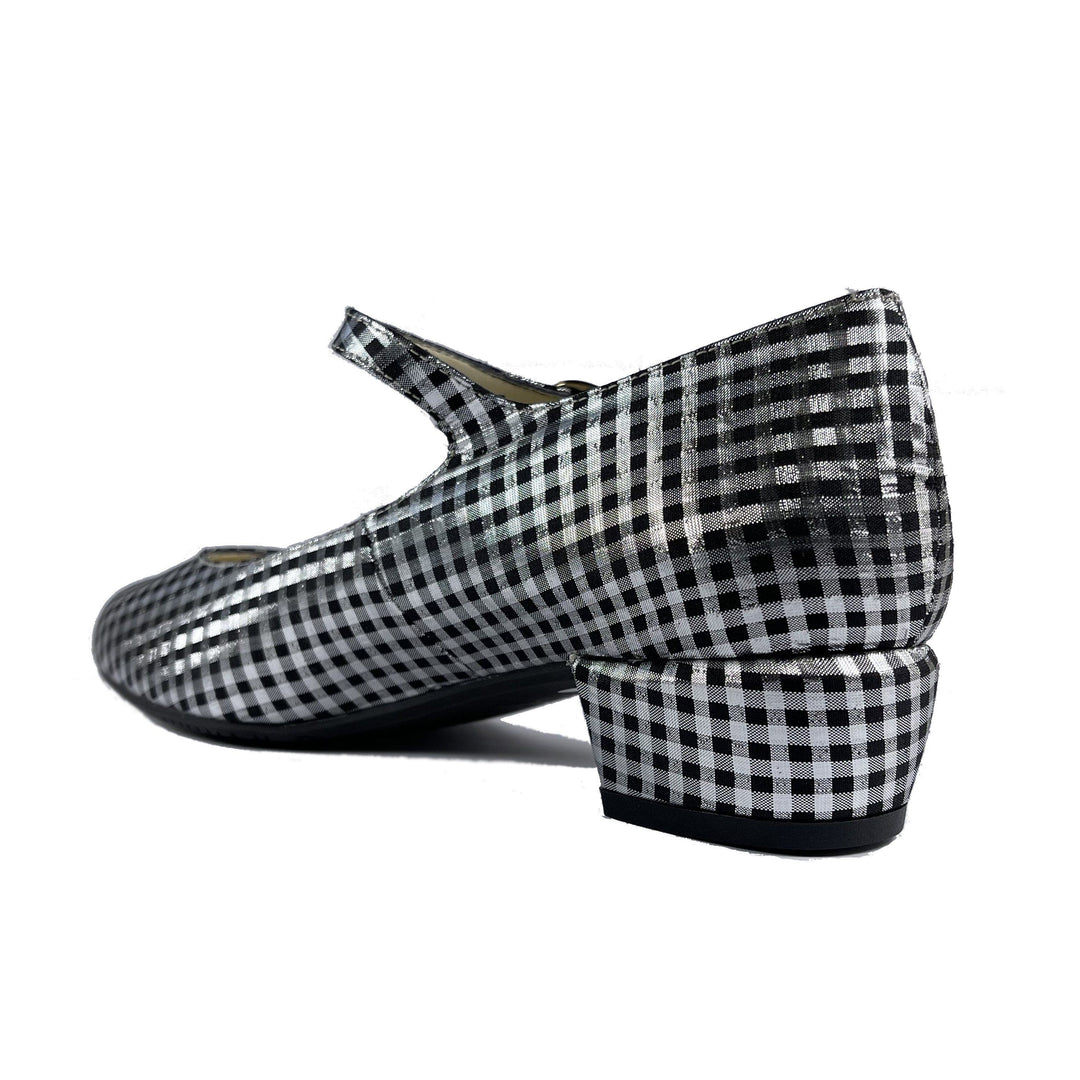 'Gracie' Mary-Jane vegan Low-Heels by Zette Shoes - Silver/black gingham