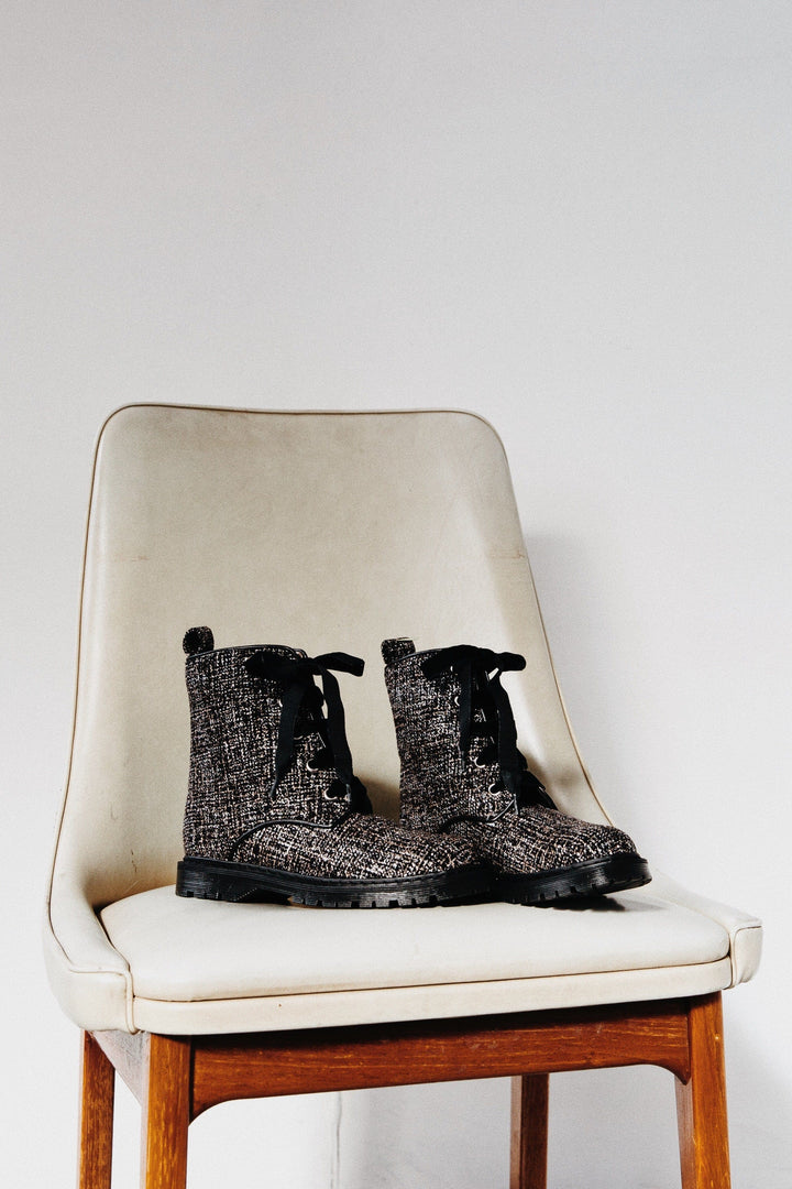 'Billie' Silver/Black textile vegan combat boots by Zette Shoes - Vegan Style