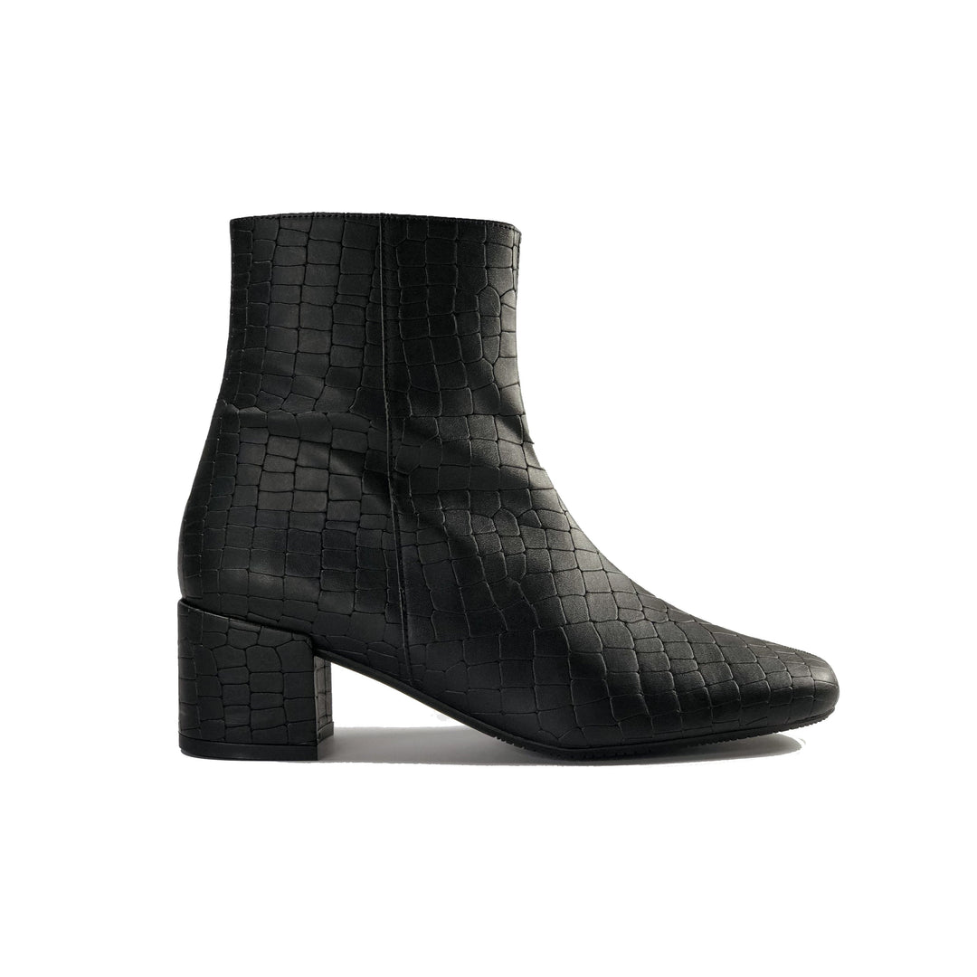 Jacqui black vegan crocodile leather ankle boots