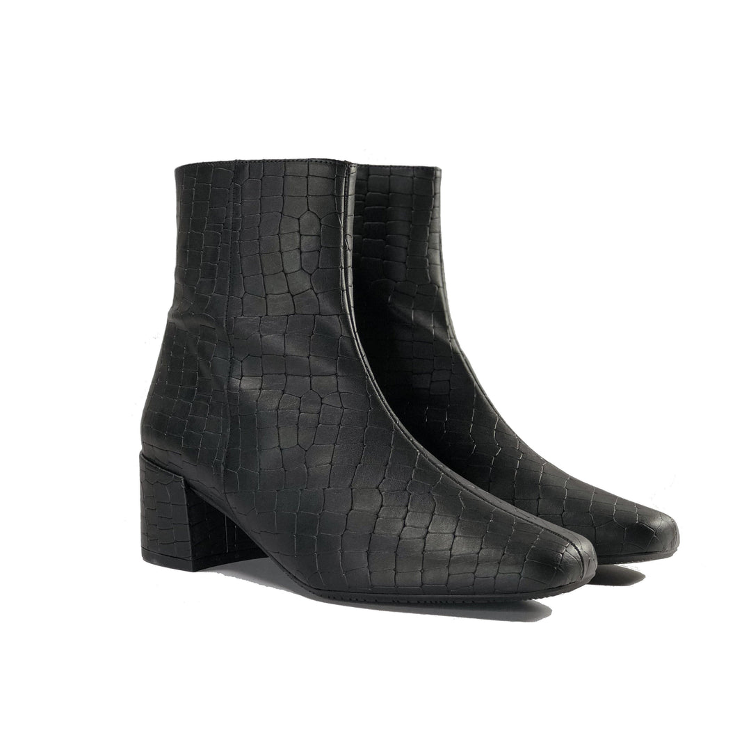 Jacqui black vegan crocodile leather ankle boots