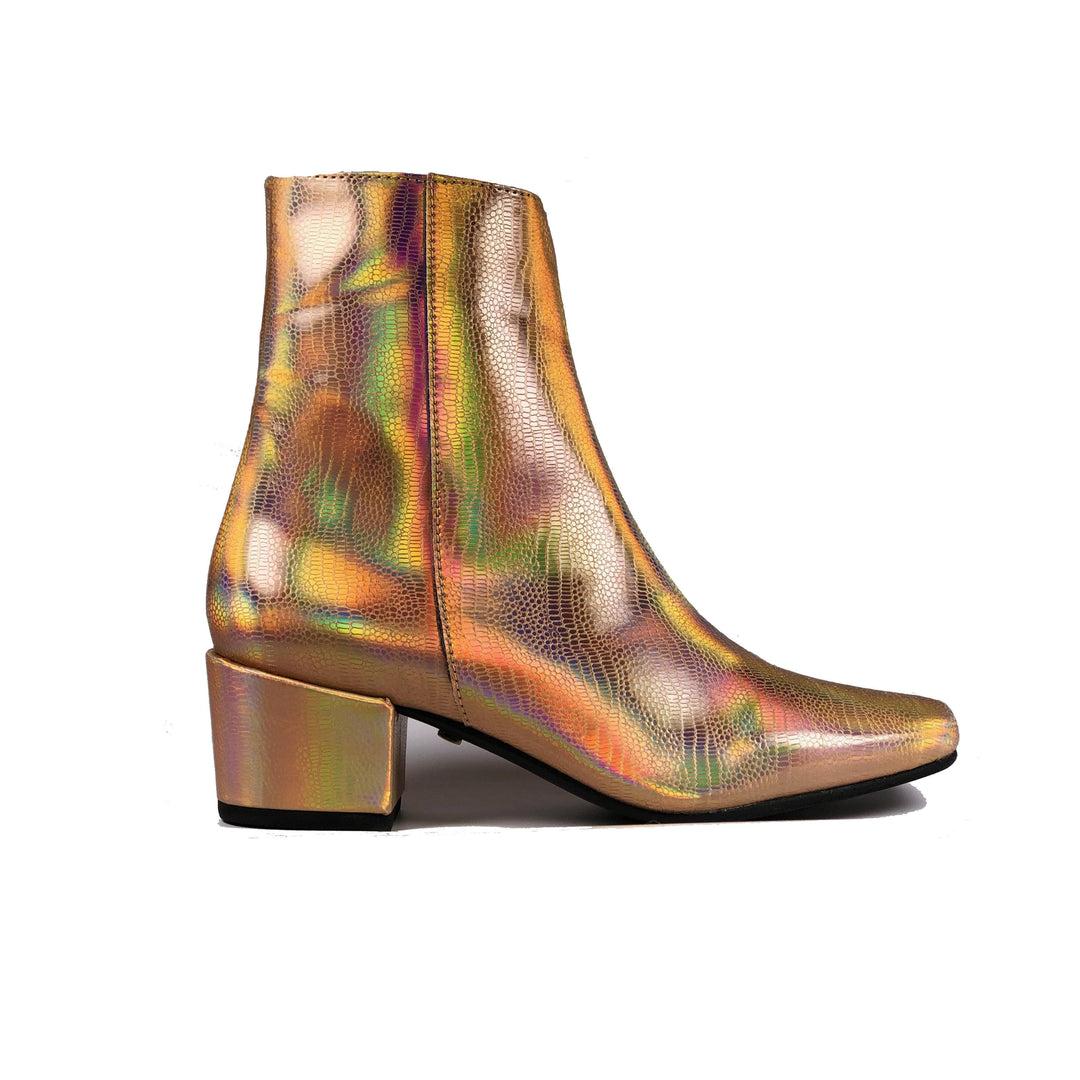'Jacqui' vegan-leather ankle boot by Zette Shoes - holographic rose gold