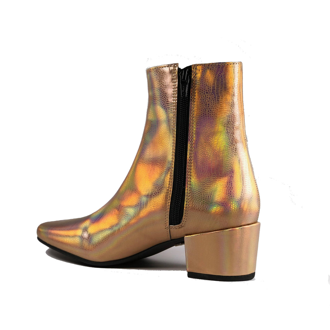  'Jacqui' vegan-leather ankle boot by Zette Shoes - holographic rose gold