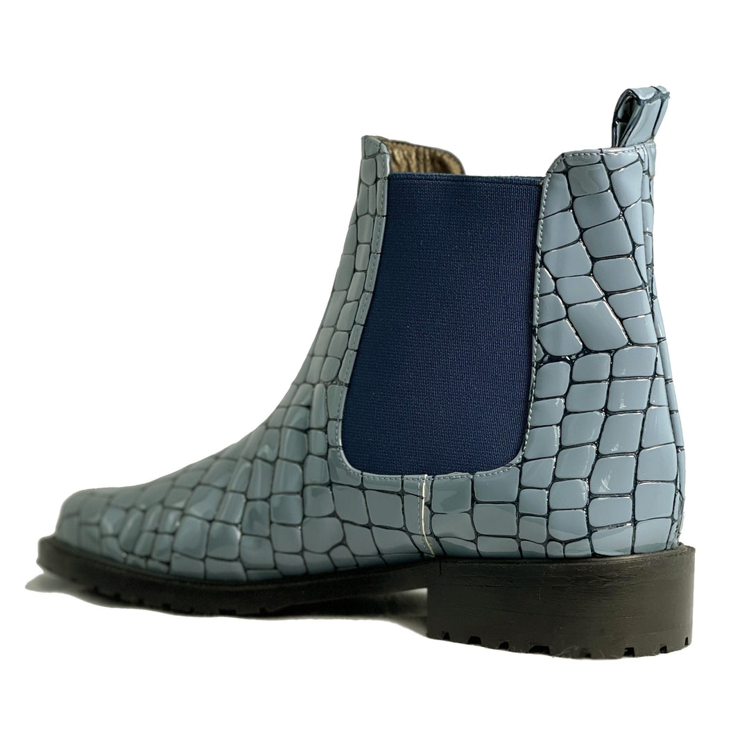 'Jelsea' blue patent croc vegan Chelsea boot by Zette Shoes