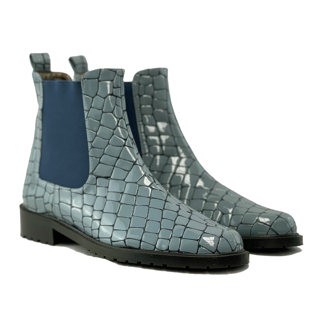 'Jelsea' blue patent croc vegan Chelsea boot by Zette Shoes