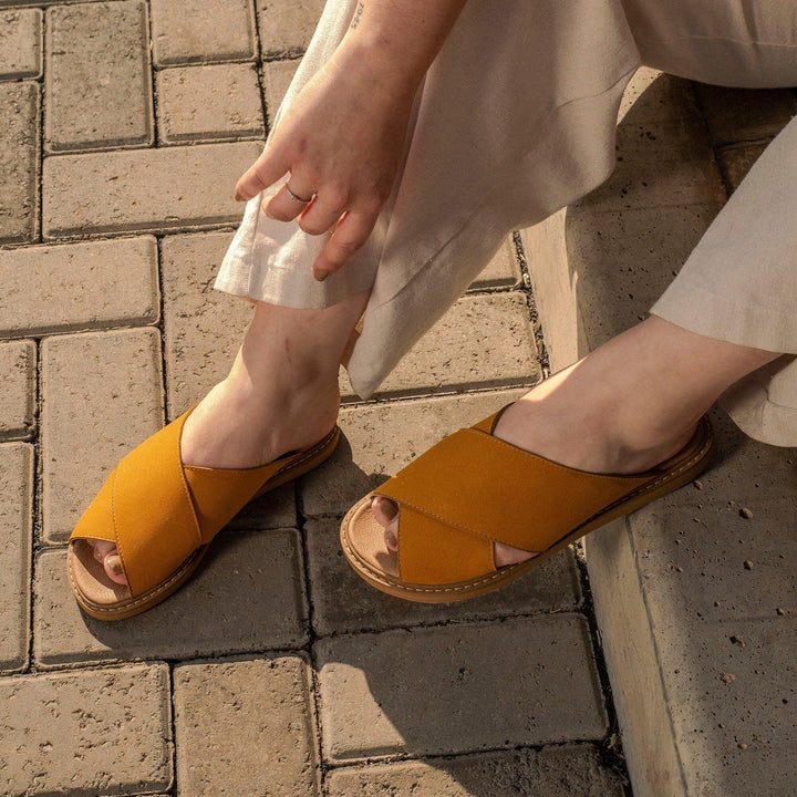 'Mia' women's vegan sandals by Ahimsa - mustard